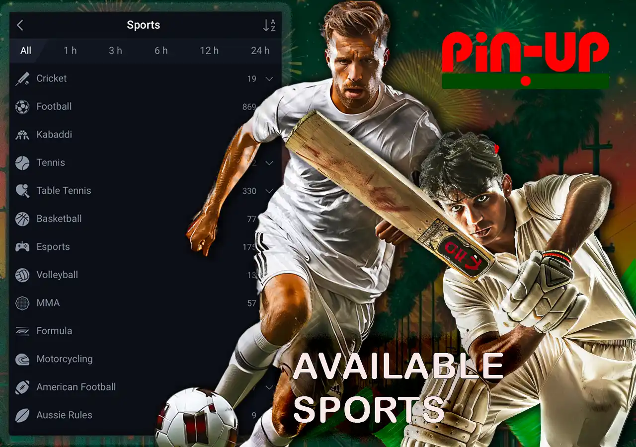 The Pin Up sports betting section with available sports for betting